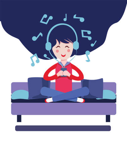 Happy Girl with headphones listen to the music. Vector illustration Girl listen music on coach sofa at home in headphones, flat isolated character.のイラスト素材