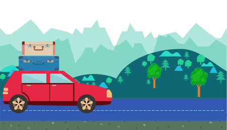 Car with luggage on roof against the background of countryside. hills and trees horizontal banner. Cartoon moving car Vector illustration in cartoon style.のイラスト素材