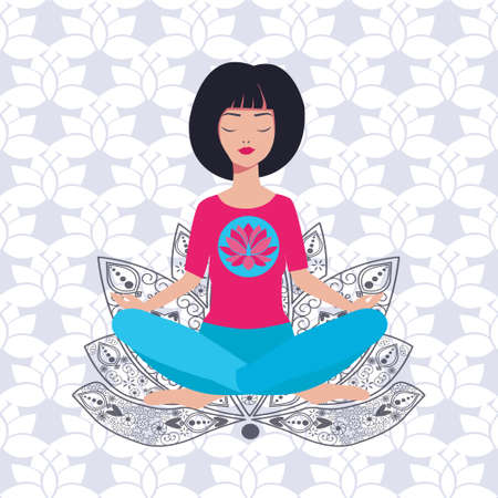 Vector illustration with Yoga girl in lotus position and background with lotus flowers.のイラスト素材