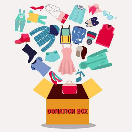 Cloth Donation Box banner. Cardboard box full of clothes, shoes and accessories. Donate, charity, thanksgiving. Flat vector illustration.のイラスト素材