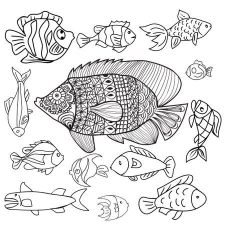 Vector doodle set of marine fish of different shapes isolated on white background. Illustration for design on the theme of marine animals, sea, travel.のイラスト素材