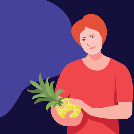 Woman holding a pineapple cartoon character. Hand drawn Flat vector cartoon illustration isolated.のイラスト素材