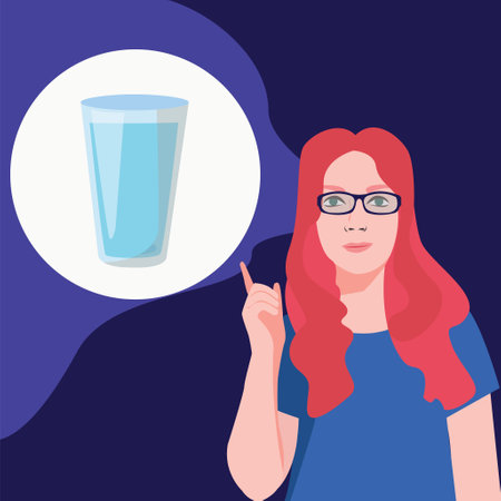 Girl or young woman wearing eyeglases pointing up. Vector illustration Healthy lifestyle concept. Glass of fresh water.のイラスト素材