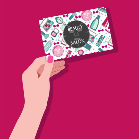 Vector banner Female hand holding Beauty Salon card, template with beauty salon card.のイラスト素材