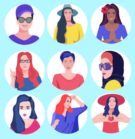 Illustration pour Vector illustration set Portrait of women in avatars style design. Collection of avatars of women of different nationalities and races. Diversity. - image libre de droit