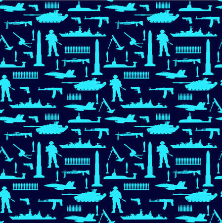 Military Background Seamless flat pattern with military equipment icons. Silhouette of military concept soldier with weaponsのイラスト素材