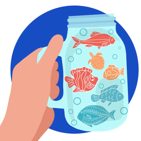 Vector illustration with hand holding cute fishes in glass jar cute. Childrish Cartoon illustrashion of marine life for your design, prints.のイラスト素材