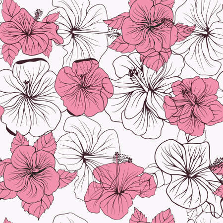 Vector Floral decorative Tropical seamless pattern with hand drawn hibiscus flowers and leaves on pink backgroundのイラスト素材