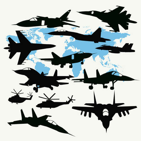 black and white vector collection silhouettes of Military aircraft set. Airplane, helicopter set.のイラスト素材