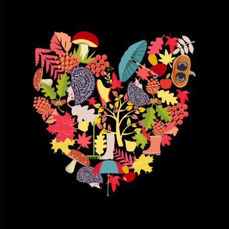 Collection of set of autumn theme objects. Set icon of cartoon autumn elements in heart shape.のイラスト素材