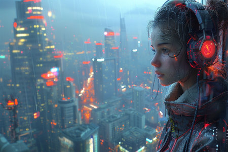 Model Wearing Headphones, sitting opposite the window with a Futuristic Sci-Fi City with Neon Lights. Cyberpunk girl Enjoying the Window View in a Cyberpunk Realityの素材