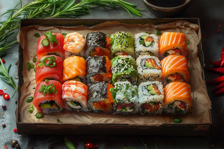 Sushi roll with salmon, smoked eel, avocado, cream cheese on bamboo trayの素材