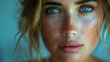 pretty girl with green eyes and freckles on blue backgrounの素材