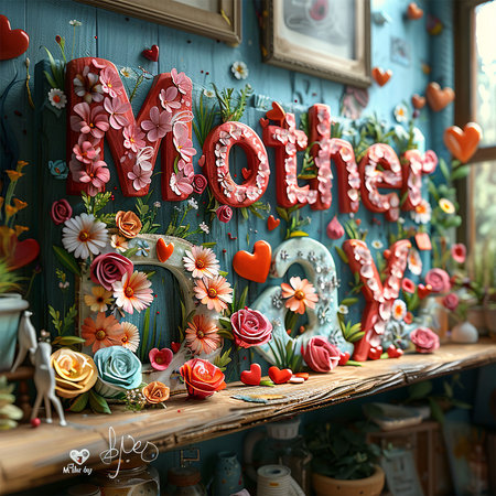 3D letter "Mother day" made of flowers and hearts, surrounded by heart shapes vibrant colorsの素材