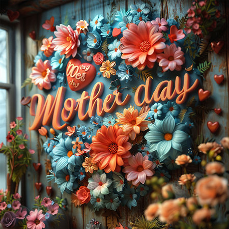3D letter "Mother day" made of flowers and hearts, surrounded by heart shapes vibrant colorsの素材