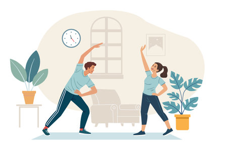 Happy family sporting events. A guy and a girl do a workout at home. Family exercising at home Fitness training exercises, healthy lifestyle concept. Vector illustration in flat style.のイラスト素材