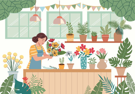 Flower shop interior with plants and flowers in pots and vases. Cartoon vector flower shop Interior with various houseplants on shelves. Florist seller collects bouquet of flowers.のイラスト素材