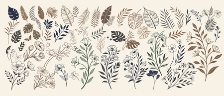 Big Collection of varios Botanical Feminine Flowers, branches and leaves. Vector hand-drawn Floral elements for your design suitable for Wedding Invitation, save the date, thank you, or greeting card.のイラスト素材