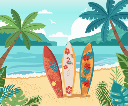 The Three surf Boards standing on tropical beach with palm background. Seashore beach landscape with colorful surfboard. Concept for surfing, rest, holidays, resort design.のイラスト素材