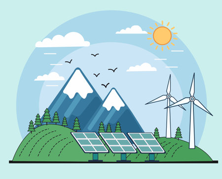 Flat minimalist vector illustration of solar panels with wind turbines against mountanis landscape and blue sky with clouds. Concept Alternative sources of energyのイラスト素材