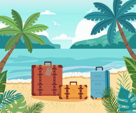 Illustration of travel luggage bags on the beach. Suitcases on the sea coast tropical sand beach. Vacation and holidays travel concept.のイラスト素材