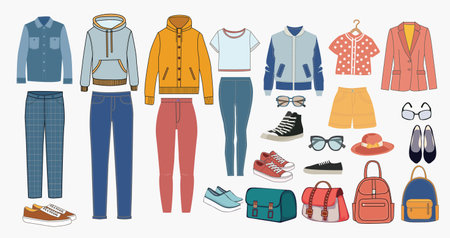 Stylish outfits for men and women, fashionable clothes, footwear bags variety of accessories collection for spring and autumn template for Store or shop in flat styleのイラスト素材