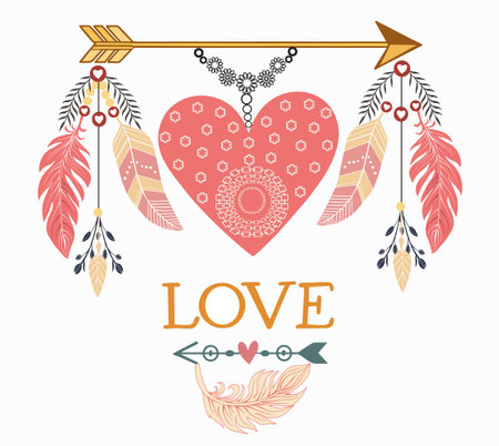 Beautiful template Boho tribal style elements with arrows, feathers and heart vector illustration ethnic print designのイラスト素材
