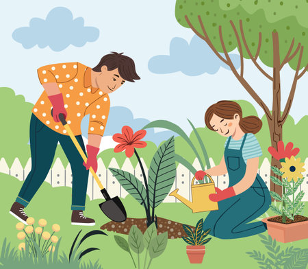 Happy couple planting a flower in backyard garden of the house. Gardening. Growing plants cultivation concept flat vector illustrationのイラスト素材