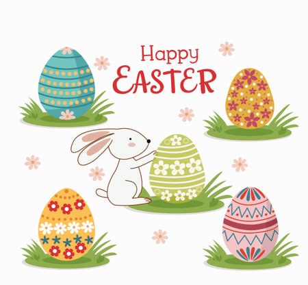 Set of Easter eggs with different textures on on grass a white background.Spring holiday. Happy easter eggs with bunny rabbit cartoons.のイラスト素材