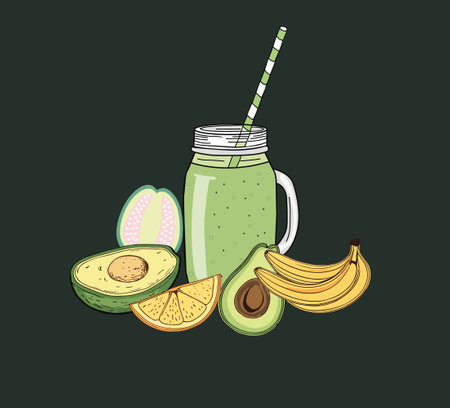 Avocado vegan detox smoothie. Fresh Green smoothie recipe with avocado, banana, lemon slice and half guava in mason jar with straw for healthy lifestyle smoothie.のイラスト素材