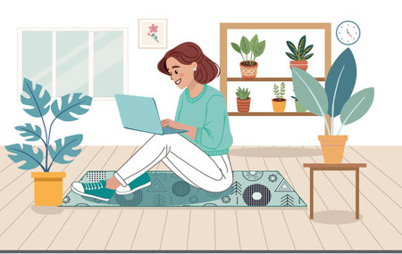 Happy woman sitting on the floor using laptop. illustration for, studying, education, work from home, healthy lifestyle. Can use for backgrounds, infographicsのイラスト素材