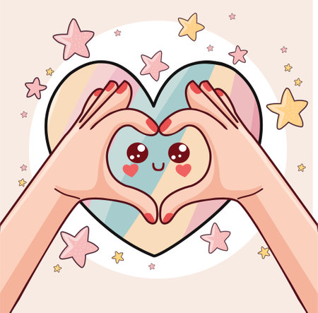gesture hand love heart symbol on colorful heart. i love you sign. Cartoon illustration for print, cards, health banner, romantic posterのイラスト素材