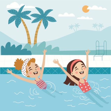 Flat illustration of two girls are having fun in the swimming pool. Kids spending time on summer holidayのイラスト素材