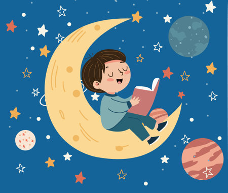 little boy sitting on the moon and holding open a book in his hand. Trendy abstract print design, decoration art work template. kid Boy flying in space and reading book flat illustration.のイラスト素材