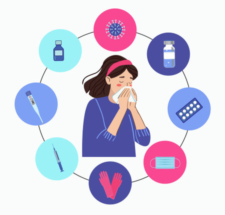A woman suffers from the flu, a cold, a runny nose, fever, and other symptoms. Icon set of Remedies for the prevention and treatment of colds. Flu and Cold Disease Therapy and Remedyのイラスト素材