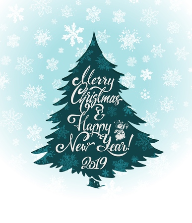 Merry Christmas and Happy New Year 2019. Calligraphy text design, Vector lettering for greeting cardのイラスト素材