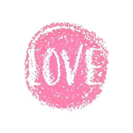 Love word hand lettering. White chalk drawing text and pink round banner isolated on white background. Vector illustration for Valentines Day.のイラスト素材