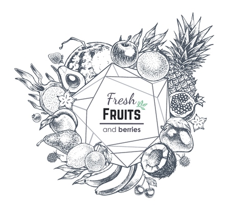 Fruits And Berries Banner Design Hand Drawn Summer Poster With
