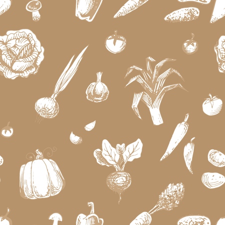 Seamless pattern with vegetables. Vintage vector background with hand drawn engraved style fresh vegetarian food.のイラスト素材