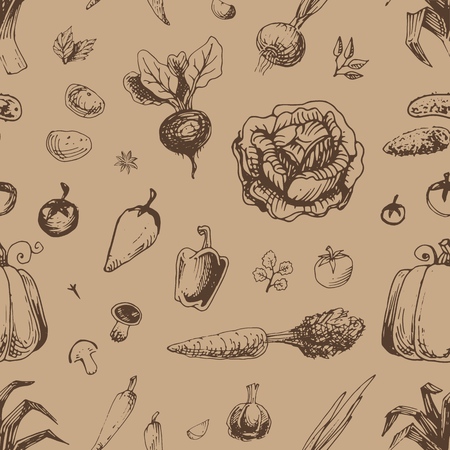 Seamless pattern with vegetables. Vintage vector background with hand drawn engraved style fresh vegetarian food.のイラスト素材