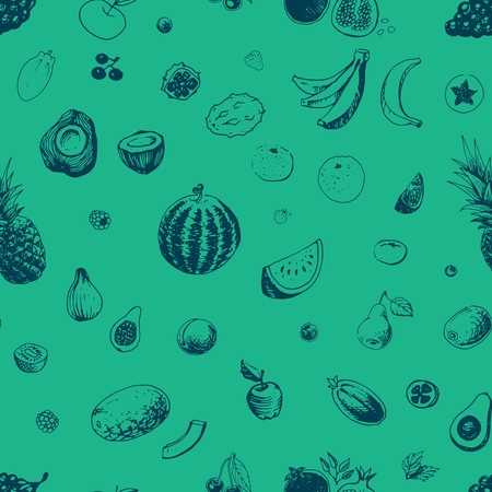 Seamless pattern with fruits. Summer vector background with hand drawn sketches of fresh vegetarian food.のイラスト素材