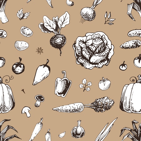 Seamless pattern with vegetables. Vintage vector background with hand drawn engraved style fresh vegetarian food.のイラスト素材
