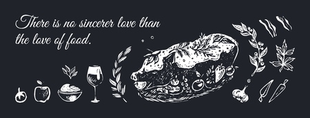 Grilled suckling pig with seasoning and vegetables. Vintage food poster design. Hand drawn by chalk vector illustration for restaurant menu or cookbookのイラスト素材