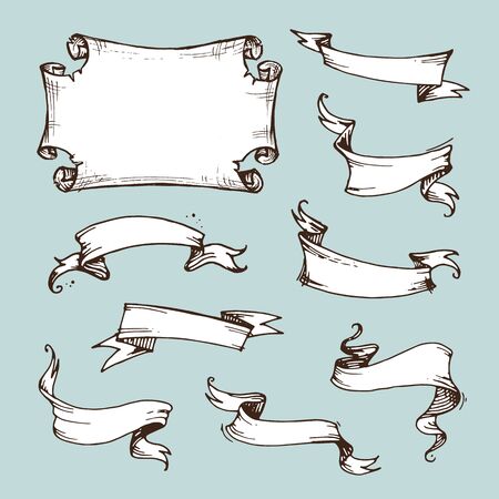 Set of vintage ribbons and cartouche for the inscriptions. Isolated hand drawn sketch style banners for wedding cards and scrapbooking decoration. Vector illustration of labelsのイラスト素材