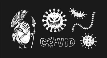 Coronavirus Covid-19 with bacterial infections against defender cartoon character.のイラスト素材