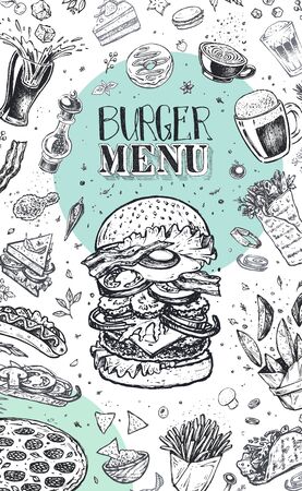 Burger menu. Vintage template with hand drawn sketches of hamburger and infographic with fast food ingredients. Engraving style vector icons - pizza, tacos, barbecue, beverages and sweetsのイラスト素材