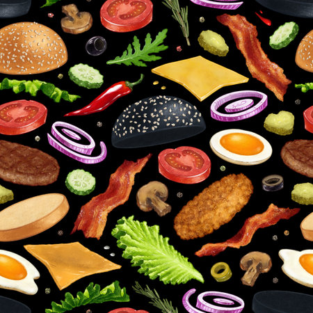 Burger ingredients seamless pattern. Hand drawn colorful illustration of delicious fast food elements isolated on black backgroundの写真素材