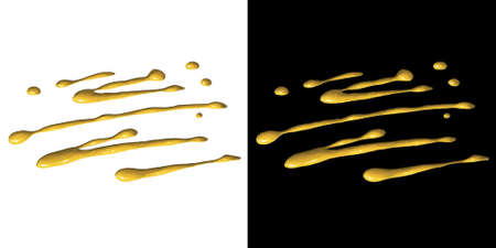 Mustard splashes or yellow cheese sause hand drawn illustration. Paint drops isolated on white and black backgroundの写真素材