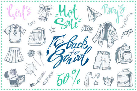 School uniform hand drawn vector illustrations. Set of sketch drawings of formal clothes for students and school suppliesのイラスト素材