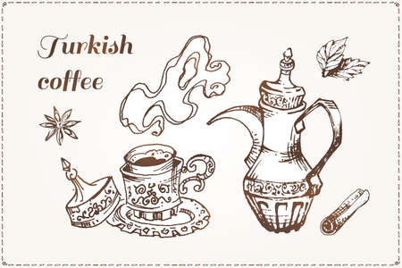 Turkish Coffee time. Vector poster design with hand drawn coffee pot and cup sketch. Morning beverages doodleのイラスト素材